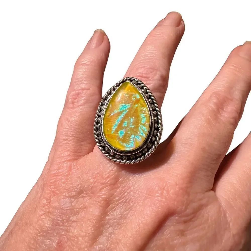Boho Style Sterling Silver Yellow Opal Statement Ring Size 9